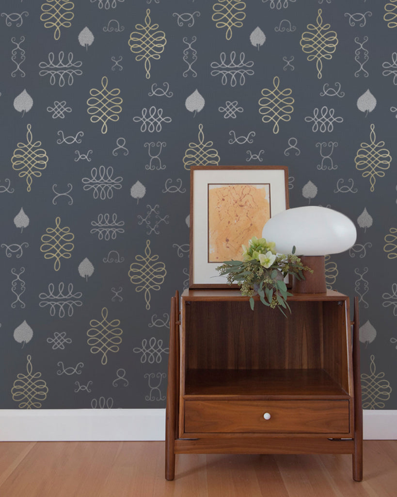 After Chinterwink - Silver and Gold on Charcoal - Residential Coated Wallpaper - Thatcher