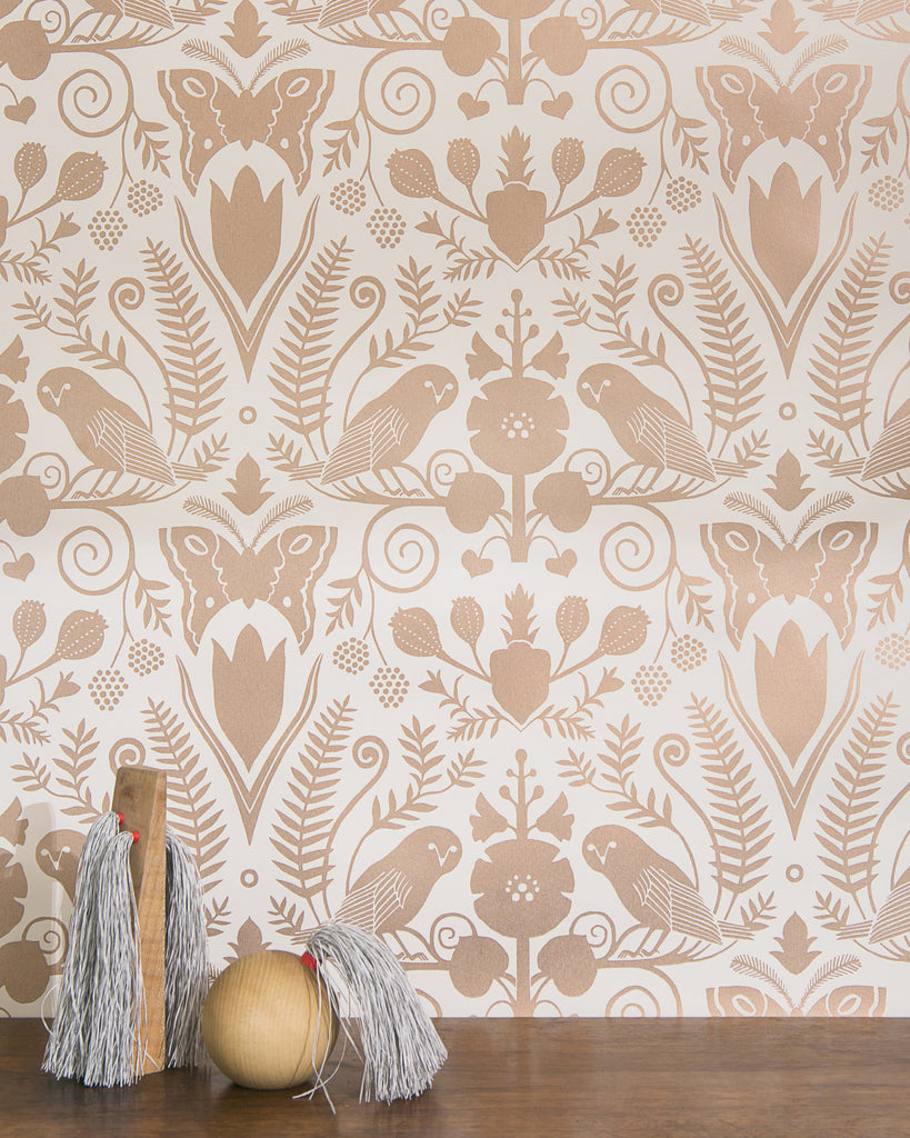 Barn Owls and Hollyhocks by Carson Ellis - Rose Gold on Cream - Residential Coated Wallpaper - Thatcher