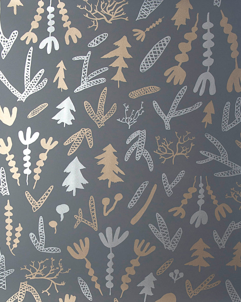Cle Elum - Silver and Gold on Charcoal - Residential Coated Wallpaper - Thatcher