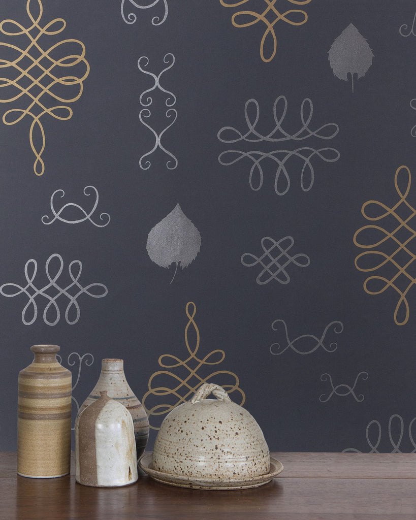 After Chinterwink - Silver and Gold on Charcoal - Residential Coated Wallpaper - Thatcher