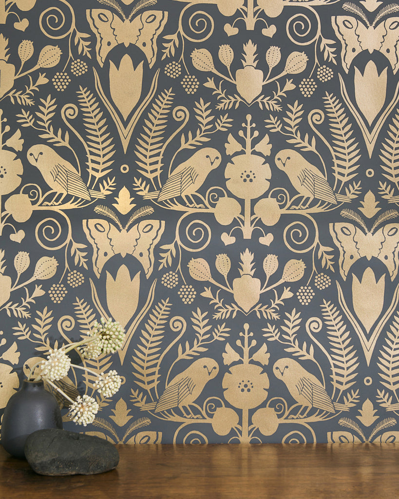 Barn Owls and Hollyhocks by Carson Ellis - Gold on Charcoal - Residential Coated Wallpaper - Thatcher