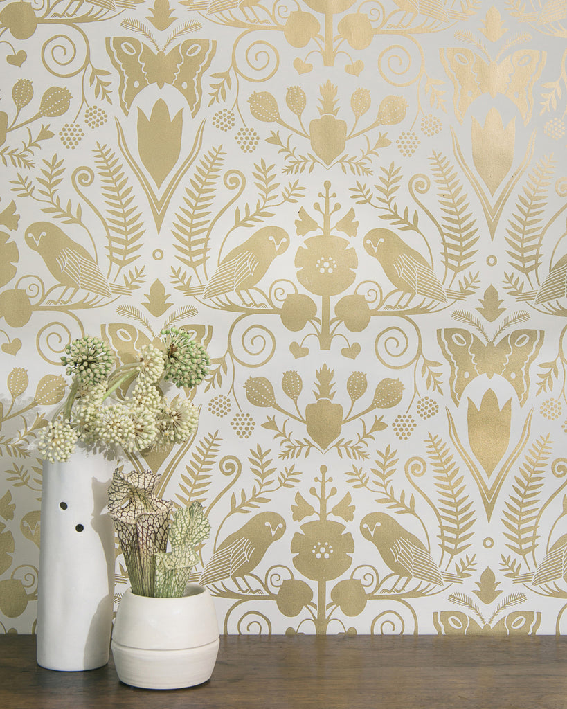 Barn Owls and Hollyhocks by Carson Ellis - Gold on Cream - Residential Coated Wallpaper - Thatcher