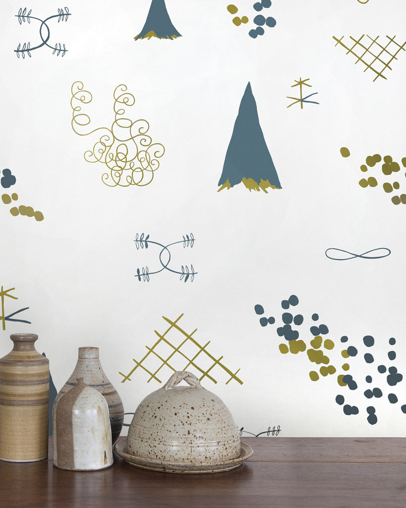 Family Reunion - Aquatic and Gold on Cream - Residential Coated Wallpaper - Thatcher